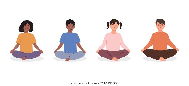 Diverse kids meditating. Children doing yoga exercise. Meditation lesson in kindergarten concept. Set of different race young female and male characters sitting on floor calmly. Vector illustration.