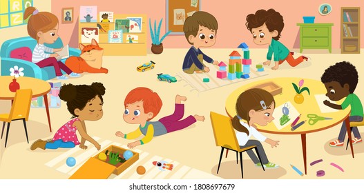 Diverse kids playing educational games, reading, making collage. Kids play together in kindergarten. Montessori environment in kindergarten. Playroom with children