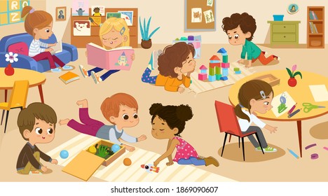 Diverse Kids Playing Educational Games, Reading, Making Collage. Kids Play Together In Kindergarten. Montessori Environment In Kindergarten. Playroom With Children