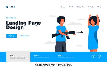 Diverse kids playing with weapon. Boy aiming riffle at black girl. Flat vector illustration. Childhood, danger, violence concept for banner, website design or landing web page