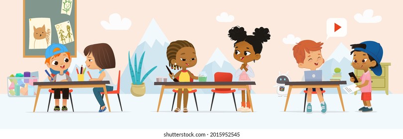 Diverse kids pupils in class room at art lesson vector flat illustration. Happy little children painting or drawing picture use paints and pencils, watching video playing online games on laptop