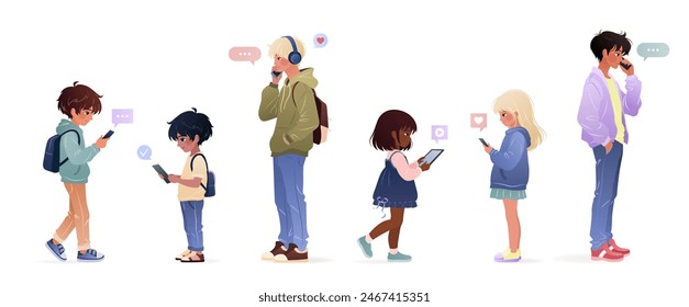 Diverse kids and teenagers of different ages and ethnicities using smartphone, surfing internet, chatting. Male and female children, teens holding gadgets. isolates vector illustrations on white.