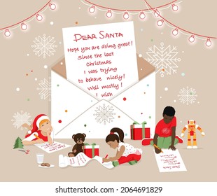 Diverse kids write wish lists to Santa Claus at big abstract envelope with the letter, big snowflakes, garland, confetti. Anticipation of Christmas miracle, sharing dreams concept vector illustration.