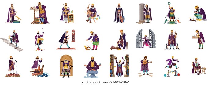 Diverse King Activities Set: Flat vector illustrations of a royal monarch ruling, studying, playing sports, relaxing, and pursuing various hobbies.