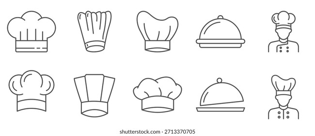 Diverse kitchen hat line icon set featuring various chef toque styles, cooking uniform elements, and food dome symbols for culinary themes, restaurant branding, and menu design