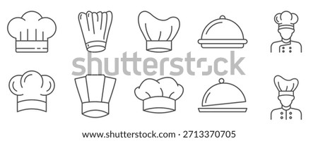 Diverse kitchen hat line icon set featuring various chef toque styles, cooking uniform elements, and food dome symbols for culinary themes, restaurant branding, and menu design