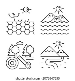 Diverse landforms linear icons set. Barren and working ground. Forest cutting industry. Land types. Customizable thin line contour symbols. Isolated vector outline illustrations. Editable stroke