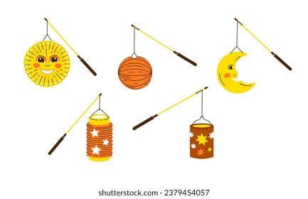 Diverse Lantern on the stick for Saint Martin day or Laternenumzug,traditional german and european light festival for children.Vector illustration on white background.