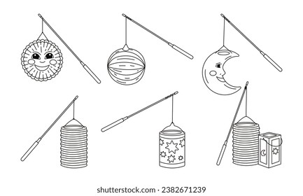 Diversas linternas en el palo para el Día de San Martín o Laternenumzug, tradicional festival alemán y europeo de la luz para los niños. Ilustración vectorial de línea sobre fondo blanco.