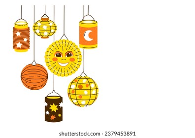 Diverse Lanterns in compostion for Saint Martin day or Laternenumzug,traditional german and european light festival for children.Vector illustration on white background.