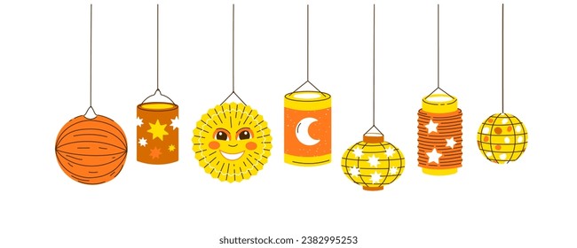 Diverse Lanterns in compostion for Saint Martin day or Laternenumzug,traditional german and european light festival for children.Vector illustration on white background.