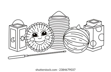 Diversos farolillos en composición para el día de San Martín o Laternenumzug, tradicional festival alemán y europeo de la luz para los niños.Ilustración de Line Vector sobre fondo blanco.