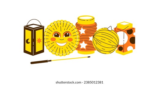 Diverse Lanterns in compostion for Saint Martin day or Laternenumzug,traditional german and european light festival for children.Vector illustration on white background.