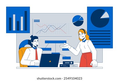 Diverse leaders discussing graphs 2D illustration concept. Finance statistics. Chart analyzing cooperation colleagues cartoon characters isolated on white. Metaphor abstract flat vector graphic