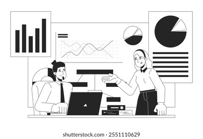 Diversas lideranças discutindo gráficos preto e branco conceito de ilustração 2D. Estatísticas financeiras. Gráfico de análise de colegas de cooperação delineia caracteres isolados. Arte vetorial monocromática de metáforas