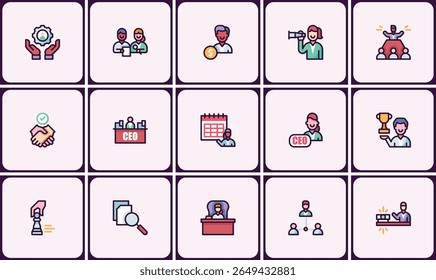Diverse leadership and management vector icon set symbolizing corporate success