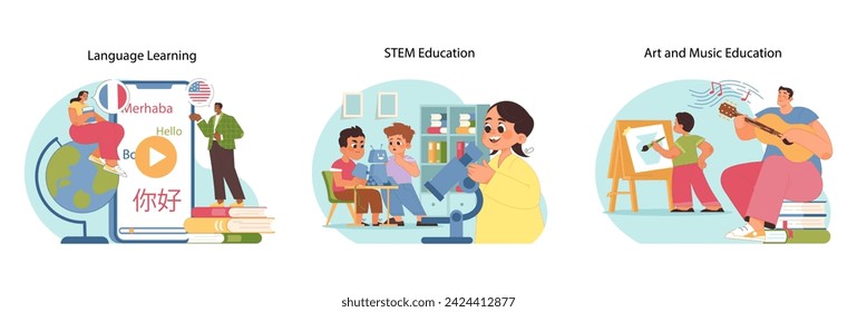 Diverse learning concept set. People of various ages explore language acquisition, STEM exploration, and art and music appreciation. Breadth of educational disciplines. Flat vector illustration