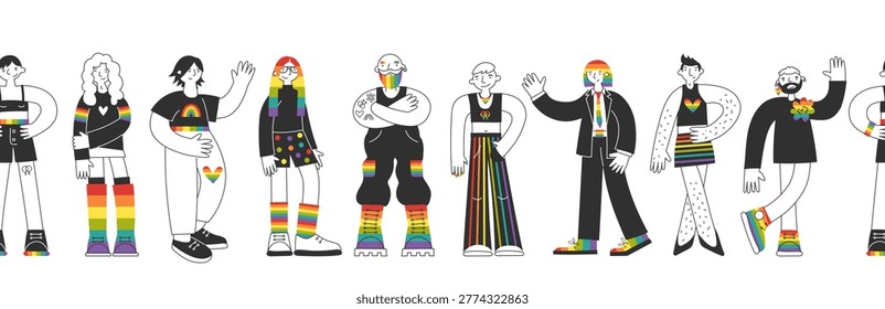 Diverse lgbt characters with rainbow elements seamless border. Diversity, inclusion, equality, community, LGBTQ pride concept. Queer nonbinary, gay, gender fluid, transgender people.