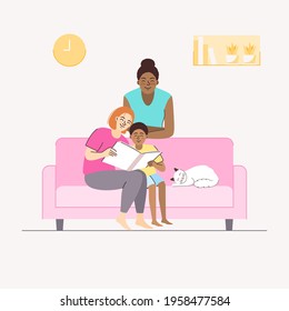 Diverse LGBTQ+ concept. Happy moment of lesbian couple with child sitting on sofa at home, flat vector illustration.