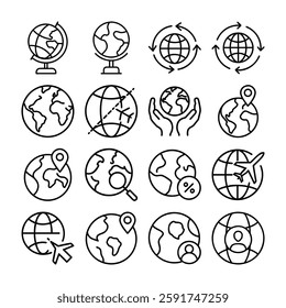  Diverse Line Art Icons Depicting Global Travel and Connections