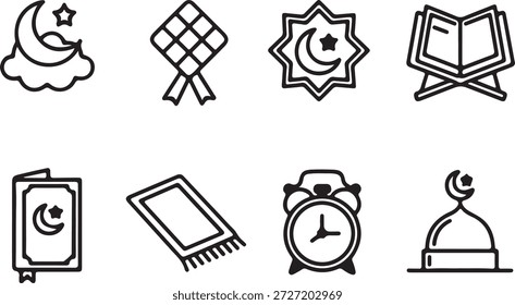 Verschiedene Illustrationen mit wichtigen Gegenständen und Zeichen, die häufig während des islamischen Fastenmonats und bei festlichen Feierlichkeiten zu sehen sind.