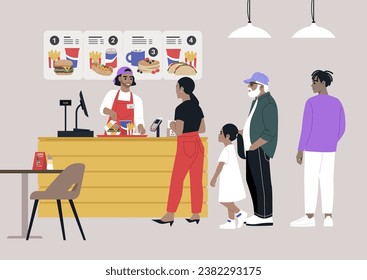 A diverse line of people waiting their turn to place their orders at a fast food restaurant counter, a light box menu on the wall providing various food options for selection