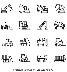 Diverse lineup of heavy construction equipment icons