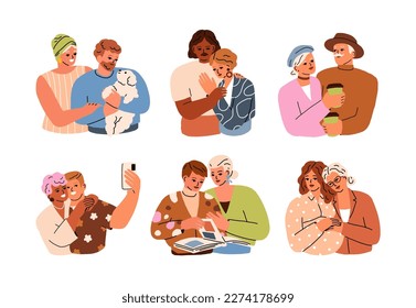 Las parejas de amor diversas están establecidas. A los románticos les gustaban los hombres, las mujeres juntas. Personajes afectuosos, jóvenes y veteranos, en momentos dulces. El afecto y el cariño. Ilustraciones vectoriales planas aisladas en fondo blanco