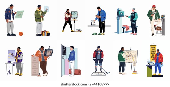 Diverse male coaches and analysts using technology to strategize, optimize performance, and develop winning plans across various sports, featuring athletic data and team management.