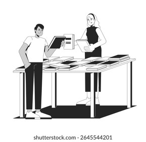 Diversos participantes masculinos e femininos da livraria selecionando livros caracteres de linha 2D. Estudante navegando livros, mulher sugerindo romances isolados tinta vetor delineia pessoas. Ilustração de ponto monocromático