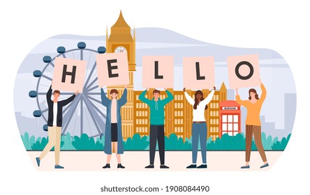 Diverse male and female characters are holding hello sign. Five people standing together in order to greet someone. Flat cartoon vector illustration
