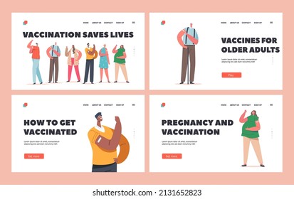 Diverse Male and Female Characters Vaccination, Immunization, Health Care Concept for Landing Page Template Set. Group of Vaccinated People Show Patch and Positive Gesture. Cartoon Vector Illustration