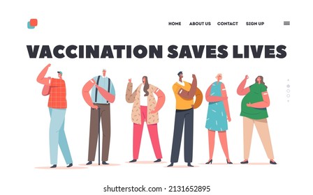 Diverse Male and Female Characters Vaccination Landing Page Template. Immunization, Health Care Concept. Group of Vaccinated People Show Patch and Positive Gesture. Cartoon Vector Illustration