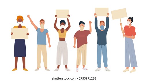 Diverse male and female group holding blank banners. Protesters with placard, hand fist riased up. Different culture mix race people at manifestation or rally. Vector flat illustration. 