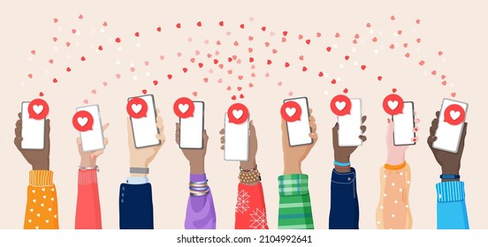 Diverse male, female hands holding smartphones with heart symbol at screen. Sharing love, sending a like in social media communications, fans, followers, digital lifestyle addiction. Vector banner