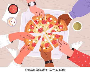 Diverse male and female hands taking triangle pizza slices from box on table. Top view of Italian fast food at corporate party. Hungry friends eating fastfood together. Flat vector illustration