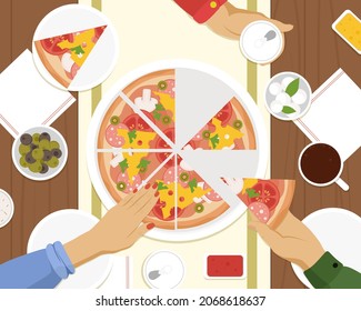 Diverse male and female hands taking triangle pizza slices from box on table. Hands take drinks, joy home party. Cafe or pizzeria, friendship utter vector concept.