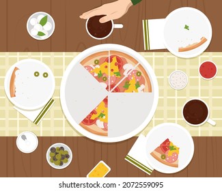 Diverse male and female hands taking triangle pizza slices from box on table. Hands take drinks, joy home party. Cafe or pizzeria, friendship utter vector concept.