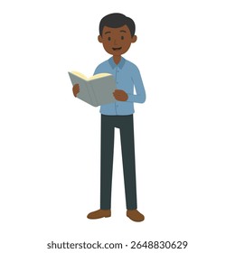 Homem de desenhos animados lendo livro em pé. Ilustração vetorial para conteúdo editorial, de estilo de vida ou relacionado a hobby