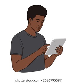 Diverse Male Using Tablet Reviewing Project Details Professional White Background