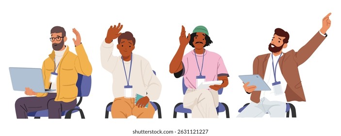 Diverse man cartoon characters sitting with raised hands asking question isolated set on white background. Young people participating in business training or education seminar vector illustration