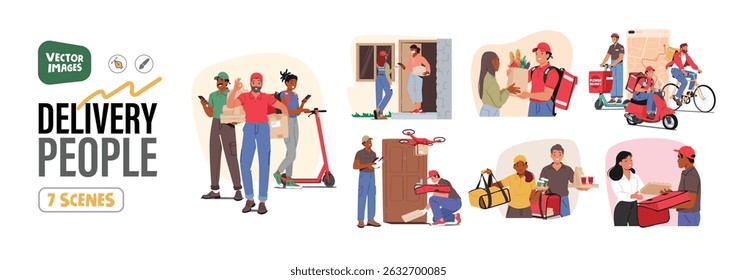 Diverse man woman courier cartoon characters delivering different goods and food products by foot, scooter motorcycle, automate drone isolated scene set. Delivery service workers vector illustration