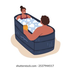 Diverse man and woman  taking ice pod bath. Cryotherapy date concept isolated on white. Flat hand drawn vector illustration 