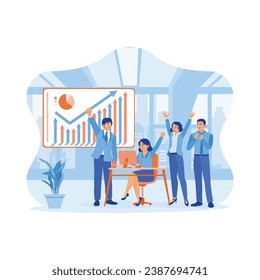 Diverse managers and coworkers analyze work projects in the meeting room. Raising hands and celebrating success in start up office. Success and happiness teamwork concept. 