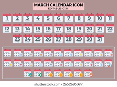 Conjunto de Ícones do Calendário de março Diverso que Representa Dias e Símbolos para Agendamento