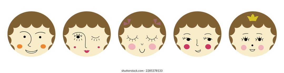 Diverse mascots, attractive girlish faces. Funny icons, different emotions, women visage. Vector design with creative shapes
