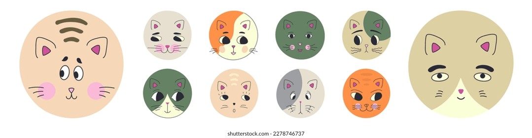 Diverse mascots, black eyes cats. Cute avatars, variety emoticons, cat clip art. Vector design with creative shapes
