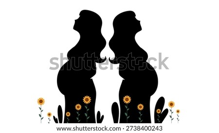 diverse maternity concept with two expectant mothers and floral ground elements
