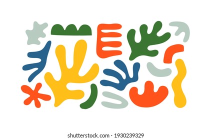 Diverse matisse art style leaf cutout collection. Colorful leaves and abstract organic nature shapes bundle, isolated element set.