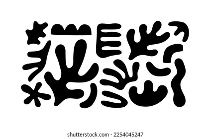 Diverse matisse art style leaf cutout collection. Black and white leaves abstract organic nature shapes bundle, isolated element set.